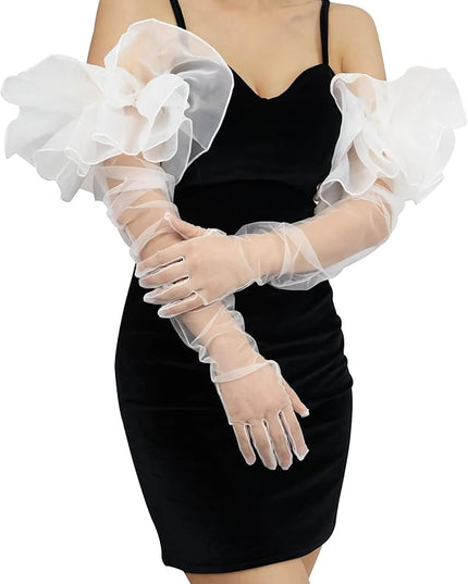 Super Puff Sheer Long Gloves Oversize Tulle Mesh Gloves for Cocktail Opera Party Glove Long Sleeve