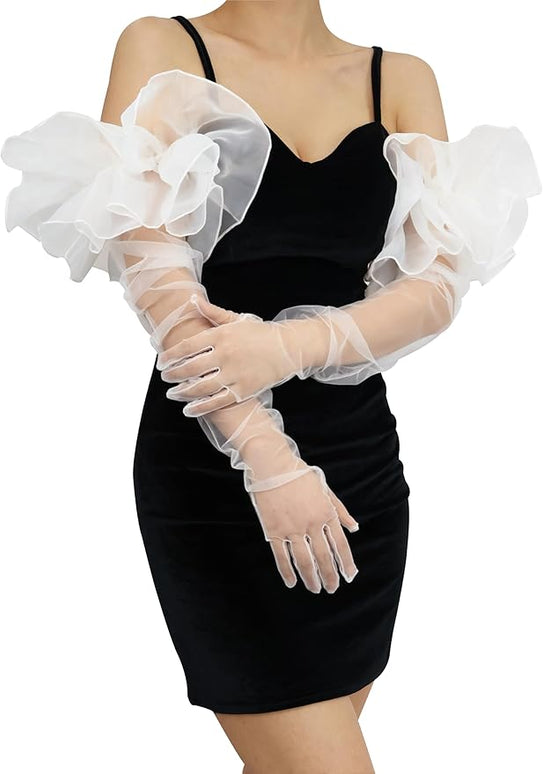 Super Puff Sheer Long Gloves Oversize Tulle Mesh Gloves for Cocktail Opera Party Glove Long Sleeve