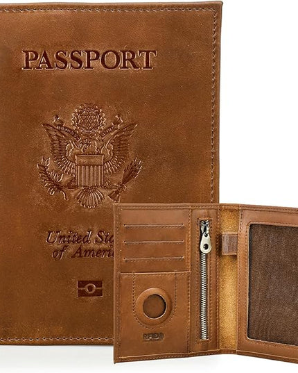 CONTACTS Full Grain Leather Passport Holder RFID Blocking Travel Passport Wallet Compatible with Airtag for Men and Women Passport Cover Case with 4 Cards Slots, Coin Pocket (Badge, Camel Brown)