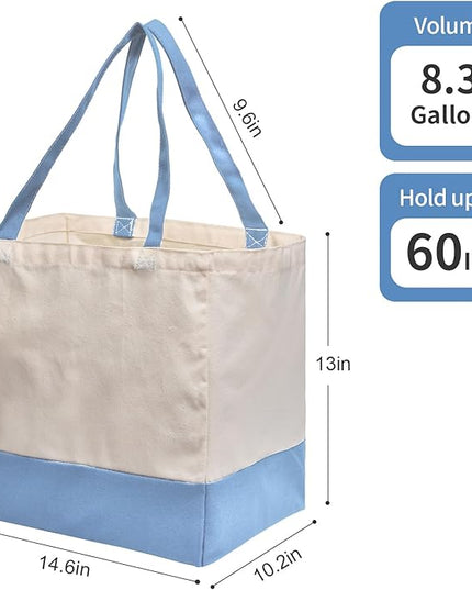 Reusable Grocery Bags Heavy Duty, 8.3 gal Foldable Large Canvas Tote Bag with Handles, Holds 60 lbs Canvas Shopping Bags, 3 Pack（Off White+Light Blue）