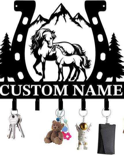 Personalized Custom Name Farm Horse Wall Key Hooks,Metal Horse Art Clothes Hooks,Metal Horse Wall Home Storage Decorative,For Front Door, Hallway, Kitchen, Bedroom,Keys,Hats (Style D)