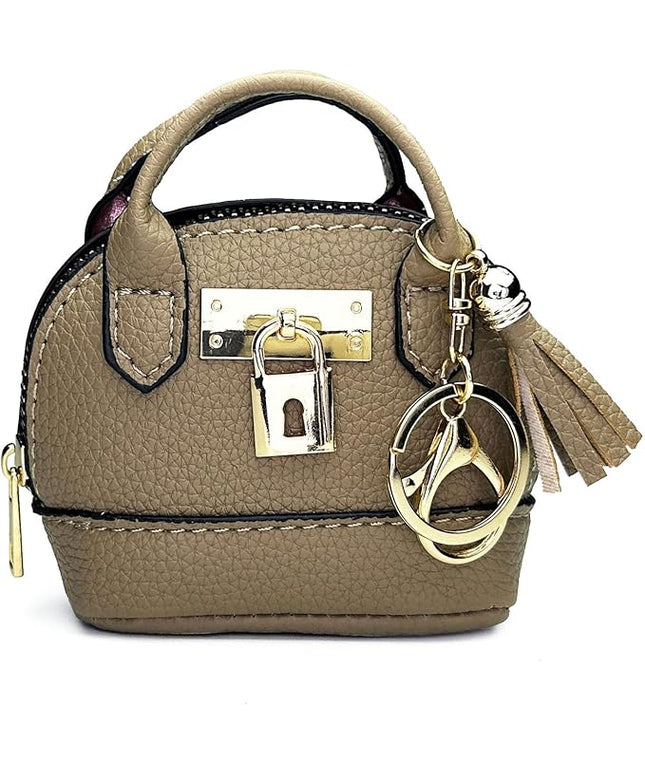 Plinvo Cute Genuine Leather Keychain Coin Purse for Women with Tassels Mini Change Pouch Brown (Grey)