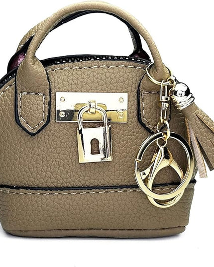 Plinvo Cute Genuine Leather Keychain Coin Purse for Women with Tassels Mini Change Pouch Brown (Grey)
