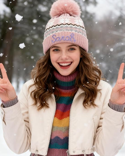 Personalized Beanie for Women Custom Knit with Name, Winter Hat with Pom Pom, Soft Lined Warm Hat, Birthday Gift
