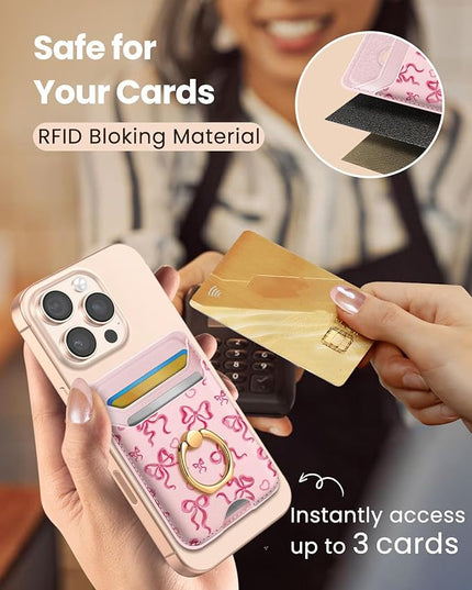 Shorogyt Compatible with Magsafe Wallet Magnetic Card Holder - Phone Wallets with Ring Grip Stand Cute Fashion for iPhone 17/16/15/14/13/12 Series for Women Girls Pk Butterfly Design, Fit 3 Cards