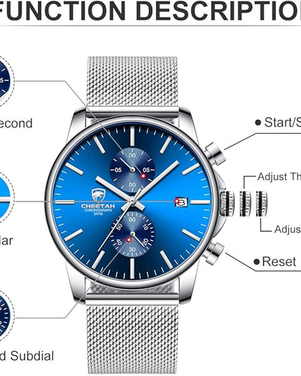 GOLDEN HOUR Mens Watch Fashion Sleek Minimalist Quartz Analog Mesh Stainless Steel Waterproof Chronograph Watches for Men with Auto Date