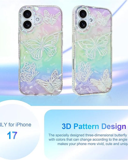 Cute Case for iPhone 17 Case for Women Girls, with 3D Butterflies Pattern Design, Aesthetic Clear Iridescent Glitter Kawaii Girly Rainbow Protective Phone Cover