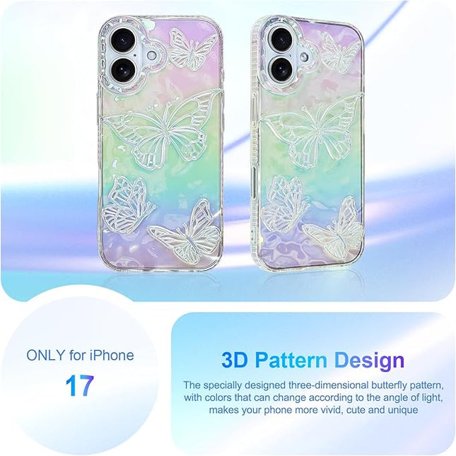 Cute Case for iPhone 17 Case for Women Girls, with 3D Butterflies Pattern Design, Aesthetic Clear Iridescent Glitter Kawaii Girly Rainbow Protective Phone Cover