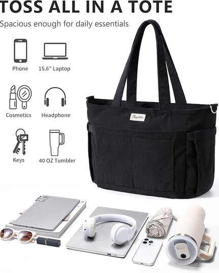 Corduroy Tote Bag for Women, 17 Pockets Laptop Work Tote Bag Lightweight Teacher Nurse Bible Bag for School Travel | with 40oz Cup Holder, Multi Compartment, Zipper Crossbody Bag, College Shoulder Bag, Daily Purse w/ Strap, Ideal Gift for Women