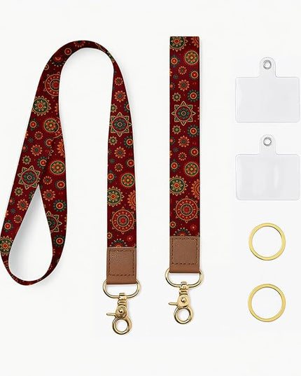 Cell Phone Lanyard with Wrist Strap, Red Boho Neck Lanyard for Phones, Keychain, Wallet and ID Badge – Universal Set