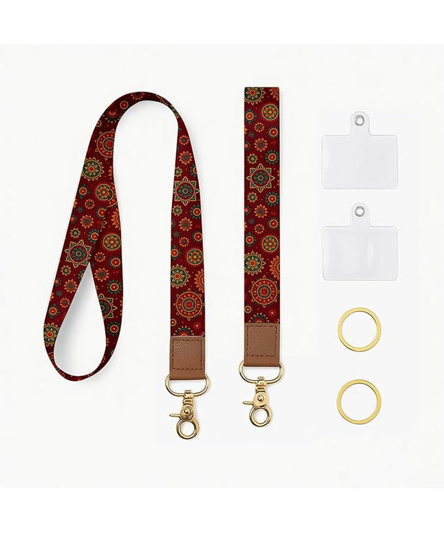 Cell Phone Lanyard with Wrist Strap, Red Boho Neck Lanyard for Phones, Keychain, Wallet and ID Badge – Universal Set