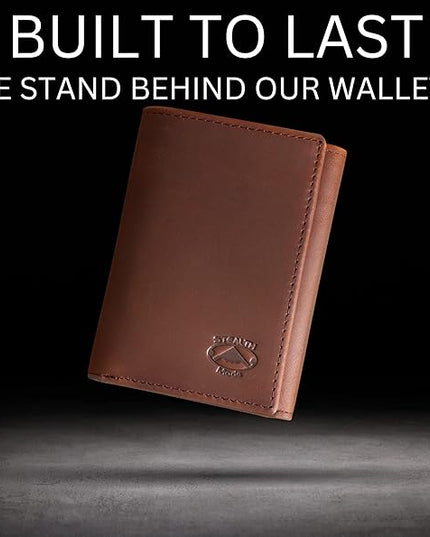 Stealth Mode Trifold Leather Wallet for Men with ID Holder and RFID Blocking (Brown)