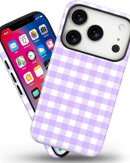 Magnetic for iPhone 17 Pro Case Cute Checkered Stripes Phone Case for Women Girls, Shockproof Slim TPU and Hard PC Protective Phone Cover Compatible with MagSafe Designed, Purple