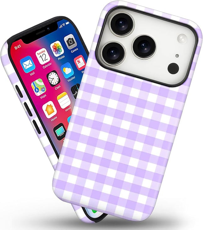 Magnetic for iPhone 17 Pro Max Case Cute Checkered Stripes Phone Case for Women Girls, Shockproof Slim TPU and Hard PC Protective Phone Cover Compatible with MagSafe Designed, Purple