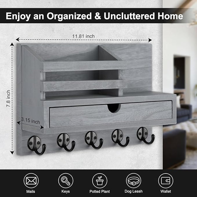 Lucundm Key Holder Wall Mount, Mail Holder with Storage Drawer and 5 Key Hooks for Coat, Dog Leash, Home Decor Rack, House Accessories, Entry Way Organizer (Gray)