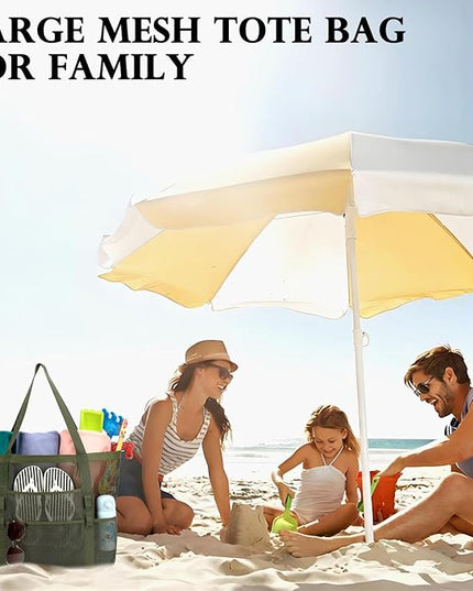 Mesh Beach Bag, Large Beach Tote with Zipper Pocket, Toys Pool Bag for Family Travel Vacation Cruise Essentials