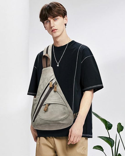 KL928 PU Leather Sling Bag - Small Crossbody Backpack Shoulder Casual Daypack Rucksack for Men Women(Leaden)