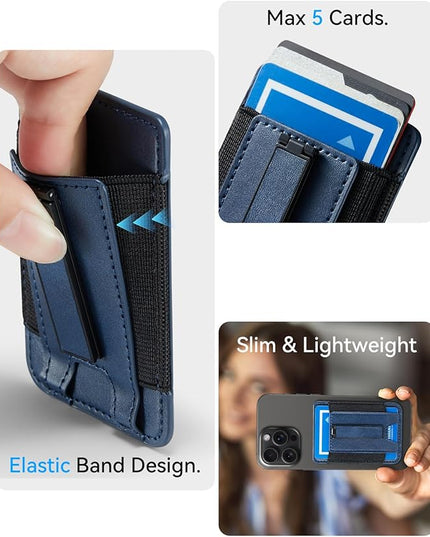BIAJIYA Phone Wallet Sticky Back with Stand - Holds 6 Cards for iPhone & Samsung, Ultra Thin Leather & Stretch Fabric Card Holder (DeepBlue)