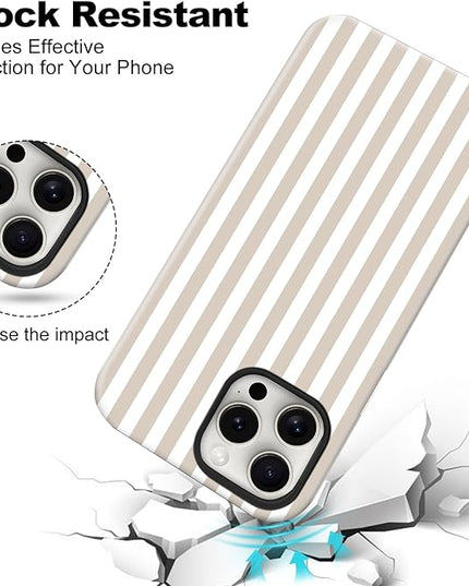 Magnetic for iPhone 15 Pro Case Cute Stripes Phone Case, Shockproof Slim TPU and Hard PC Protective Phone Cover Compatible with MagSafe Designed for Women Girls, Apricot