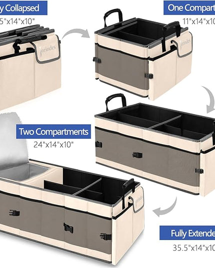 Trunk Organizer with Built-in Insulated Leak Proof Cooler Bag,Collapsible Cargo Organizer for SUV with Non Slip Bottom Strips,3 Large Compartments Foldable Waterproof Portable Car Storage Box
