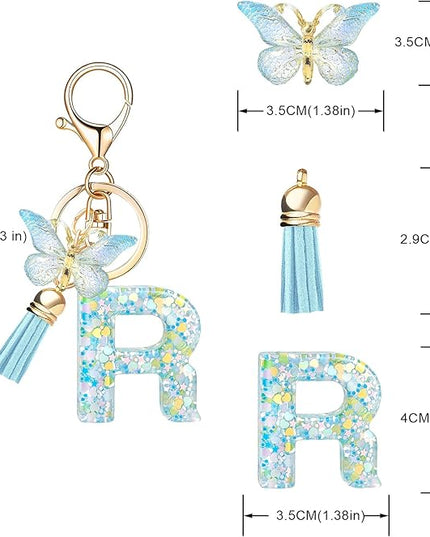 Fashion Alphabet Initial Letter Keychain Tassel Butterfly Pendant Key Ring for Purse Handbags Women Girl