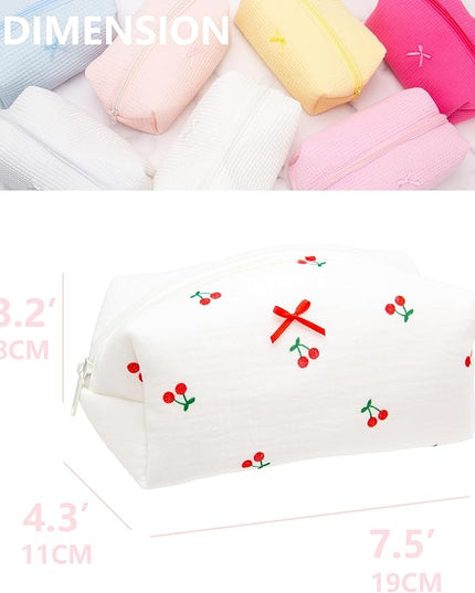 PAZIMIIK Cozy Makeup Bag Small Aesthetic Travel Zipper Cosmetic Pouch for Women Make Up Beauty Accessories Brushes,Cherry White