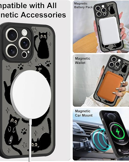 Cute Magnetic Case for iPhone 12 Pro Case [ Compatible with MagSafe ] with Black Cat Cats Pattern Design for Women Girls Boys, Soft Bumper Hard Back Kawaii Animal Protective Phone Cover