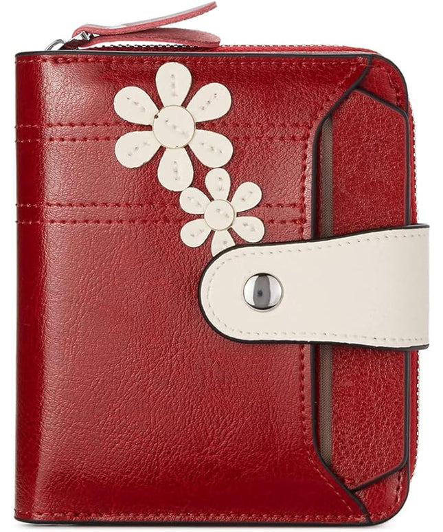 BOSTANTEN Leather Wallets for Women RFID Blocking Zipper Pocket Small Bifold Wallet Card Case Floral Red