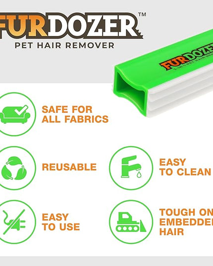 FurDozer Pet Hair Remover & Auto Detailing Tools - Cat & Dog Hair Remover for Carpets, Car Interiors, Couches, Bedding, & Pet Furniture (Green, X3 PRO - 5" Long)