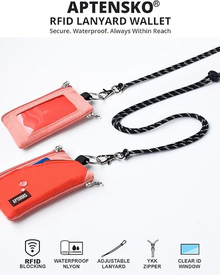 RFID Travel Wallet with Adjustable Lanyard-Zipper Small Wallet with ID Card Holder, Keychain for women&men-Minimalist Slim Waterproof Nylon case for ID, Cash, Key (BlazingOrange+CoralBlush)