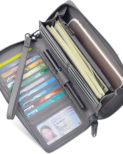 Bveyzi Women RFID Blocking Wallet Leather Zip Around Phone Clutch Large Capacity Ladies Travel Purse Wristlet | RFID Blocking, Zip Around, Large Capacity
