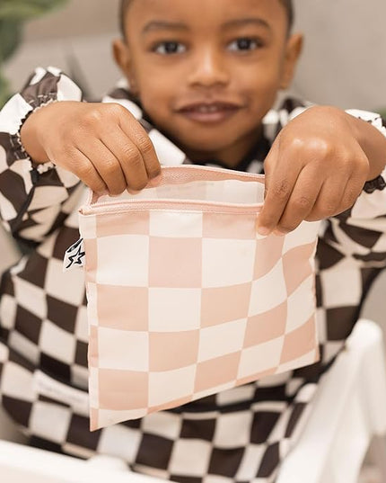 Tiny Twinkle 5 Pack Reusable Snack Bags - Machine Washable, PFAS, PVC, BPA, Phthalate-Free Reusable Baby and Toddler Food Safe Snack Bags (Checkers Pink Brown)