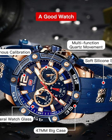 MF MINI FOCUS Men Watches Unique Casual Wrist Watches (Chronograph/Waterproof/Luminous/Calendar/24 Hours) Silicon Band Fashion Watches for Men