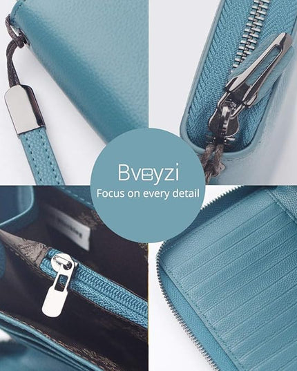 Bveyzi Women RFID Blocking Wallet Leather Zip Around Phone Clutch Large Capacity Ladies Travel Purse Wristlet | RFID Blocking, Zip Around, Large Capacity