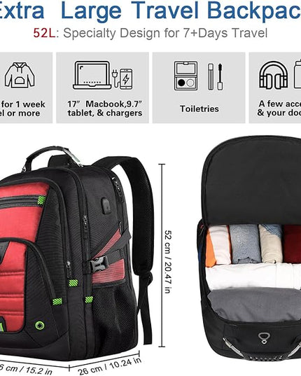 Z-MGKISS 52L Extra Large Laptop Backpack, Travel Computer Bag with USB Port, TSA-Approved Business Rucksack for Men Women, Heavy Duty Backpack Fits 17.3 Inch Laptop & Notebook, Red