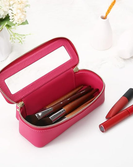 Aveniee Clear Makeup Brush Bag, Slim Brush Holder Cosmetic Case, Small Travel Toiletry Bag for Women, Thin Make up Bags with Dual Zipper, Cute Travel Essentials Srorage Bag,Hotpink