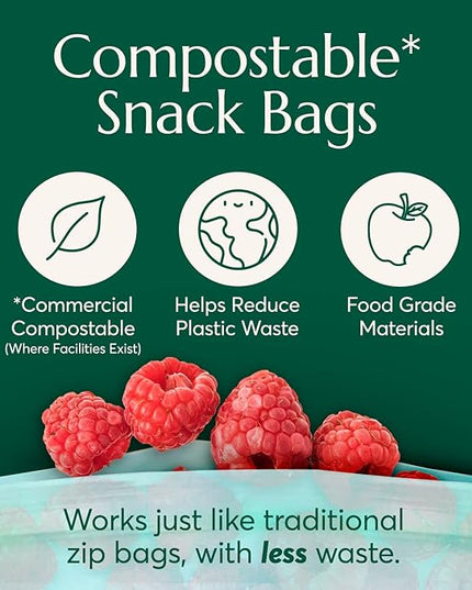 Cleanomic Compostable* Snack Size Food Storage Bags (50 Eco Zip) Freezer and Leak Proof, Also Available Gallon, Quart and Sandwich Size Bags