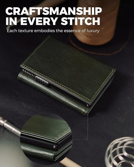 Jenoss Smart Wallet For Men: Full Grain Leather, Handcrafted, Slide Metal Pop Up Case, Slim RFID Blocking Credit Card Holder, Minimalist, Compact - 9-12 Card Organizers | ID | Money Clip (EPI Green)
