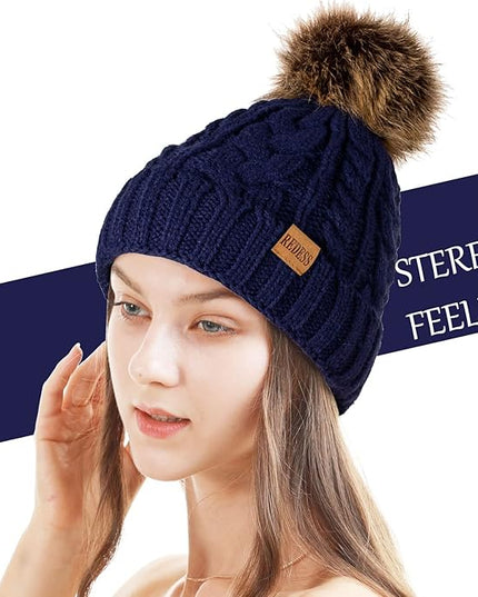REDESS Women Winter Pompom Beanie Hat with Warm Fleece Lined, Thick Slouchy Snow Knit Skull Ski Cap