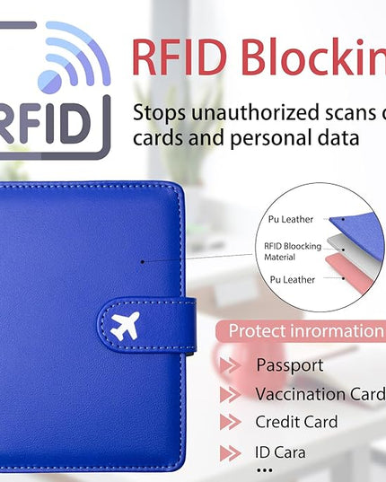 Passport Holder, Travel Wallet Cover with Pen Loop | Cute RFID Blocking Leather Case with Magnetic Closure for Travel Essentials-Blue