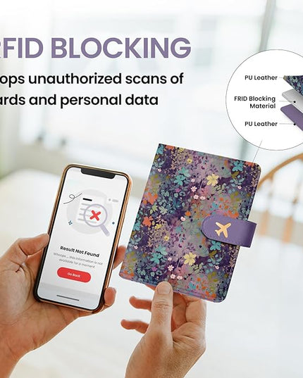 Passport Holder for Travel Essentials, RFID Blocking Leather Cover Wallet with Magnetic Closure, Aesthetic & Cute Passport Book Case for Women and Men - Violet