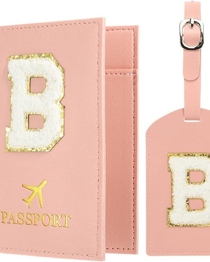 PATIKIL Passport Holder for Travel, Initial Passport Cover and Luggage Tag Set with Alphabet Chenille Letter Patch Travel Wallet Bag Suitcase Identifier for Women Family Travel Pink B