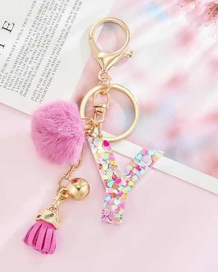 Resin Alphabet Initial Letter Keychain Keyring for Women Purse Handbags With Fur Ball Pom
