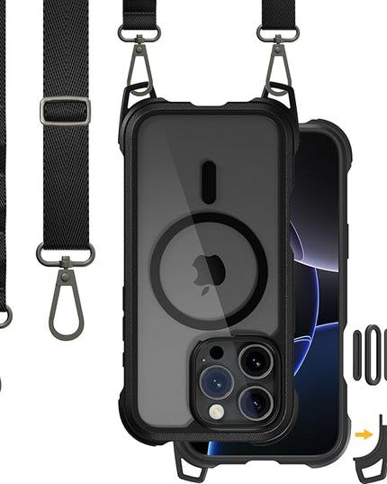 MAGEASY Designed for iPhone 16 Pro Case with Strap - [Camera Control Button Coverage] 20ft Ultimate Drop Protection Compatible with MagSafe, Vegan Leather Frame | Odyssey Strap M