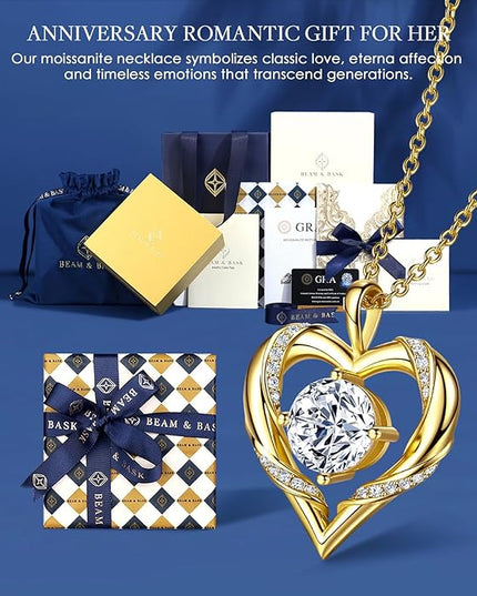Beam & Bask 2-3 Ct Moissanite Heart Necklaces for Women, 18K Gold Plated Romantic Pendant for Anniversary Birthday, 925 Sterling Silver Jewelry for Wife Girlfriend Mom Her