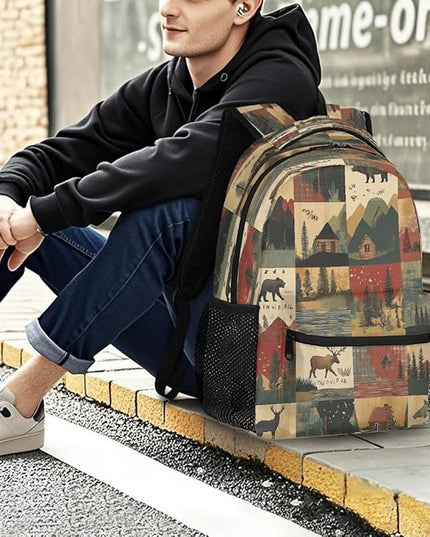 Large Backpack with 15.6 Inch Laptop Compartment, Farmhouse Deer Bear Adult Backpack for Work, Travel & School College Boys Girls