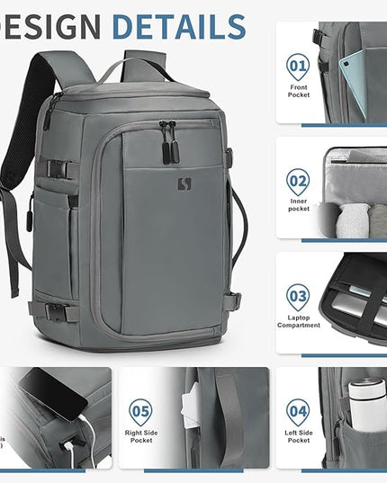 35L Travel Backpack 17" Laptop Backpack W/USB-C Port, Expandable Carry-On Bag, TSA Flight Approved Water-Resistant for Business College, Grey