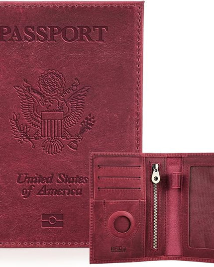CONTACTS Full Grain Leather Passport Holder RFID Blocking Travel Passport Wallet Compatible Airtag Passport Cover Case with 4 Cards Slots, Coin Pocket (Badge, Wine Red)