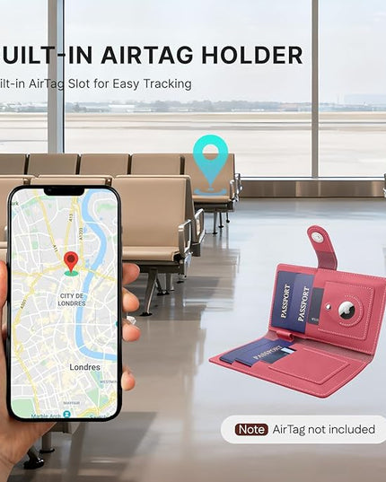 ALLIVE passport holder for travel family of 4, RFID Blocking Passport Wallet Document Organizer for Women & Men, Genuine Leather Cover with AirTag holder, Airport Essentials, Travel Gift (Rose Pink)