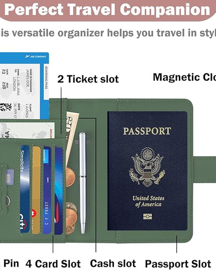 HOTCOOL Passport Holder Travel Essentials Airplane & Cruise Essentials Ship Leather Wallet Cover Case RFID Blocking Women & Men Vacation Travel Accessories Gifts Deals, Litchi - Green